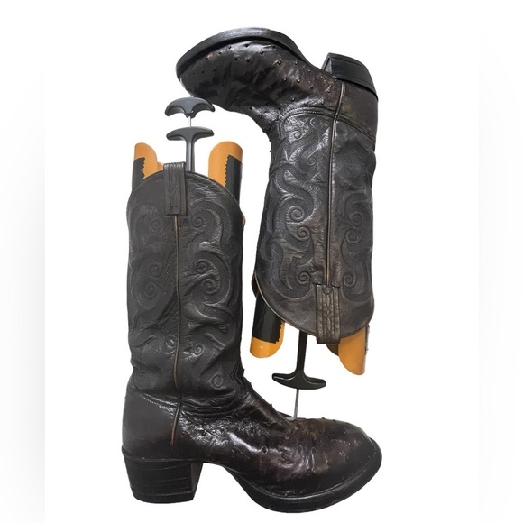 Tony Lama Cowboy Boots 8.5 Mens Black Ostrich Leather Narrow Round Toe main image 8